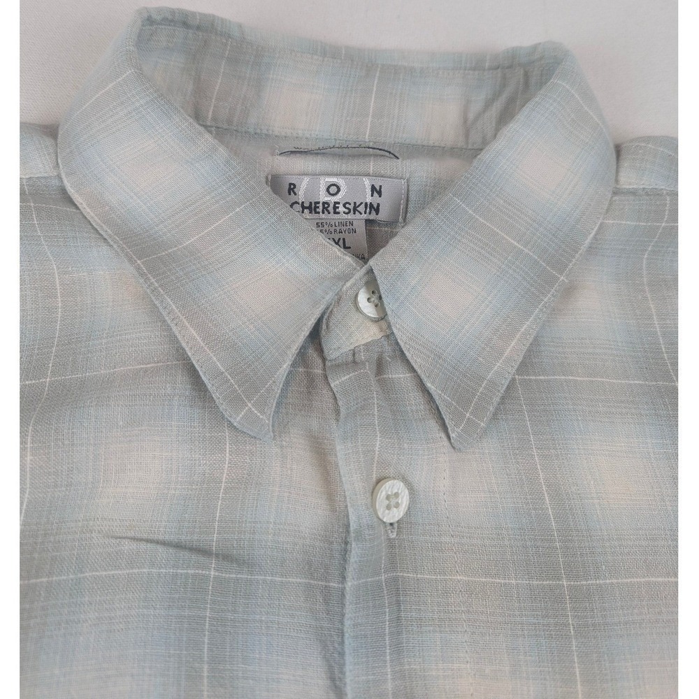 Ron Chereskin Mens XXL Blue Plaid Linen Blend Short Sleeve Button Down Shirt - Picture 3 of 8